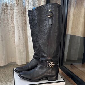 Tory Burch Black Leather Riding Boots with Gold Detail